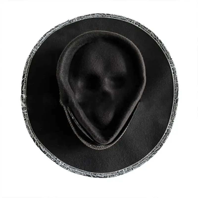 39BD Breathable Cowboy Hat Hat Skull and Death Pattern Cowboy Sunproof Hat Halloween Accessory Wide Brim