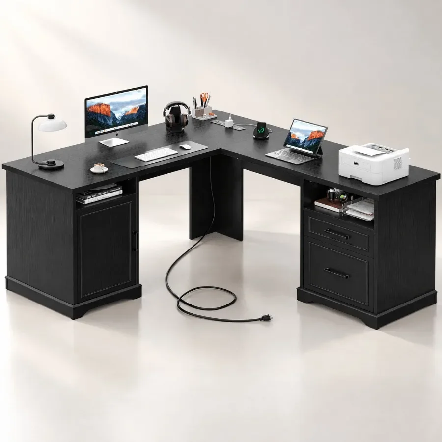59 L-Shaped Office Desk with Drawers, Storage Compartment File Cabinet for Home Office Use Modern Gray Finish with Scratch-Resi
