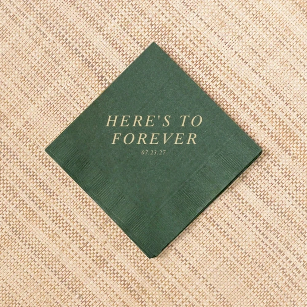 

50pcs Personalized Wedding Cocktail Napkins - Here's To Forever Quote , Foil Stamped Napkin, Birthday Graduation Paper Napkins