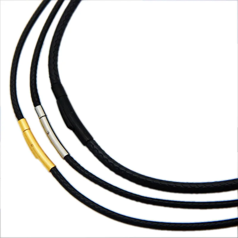 2mm 3mm Black Leather Waxed Cotton Cord Thread Stainless Steel Clasp String Strap Necklace Rope for Diy Jewelry Making 60cm 70cm