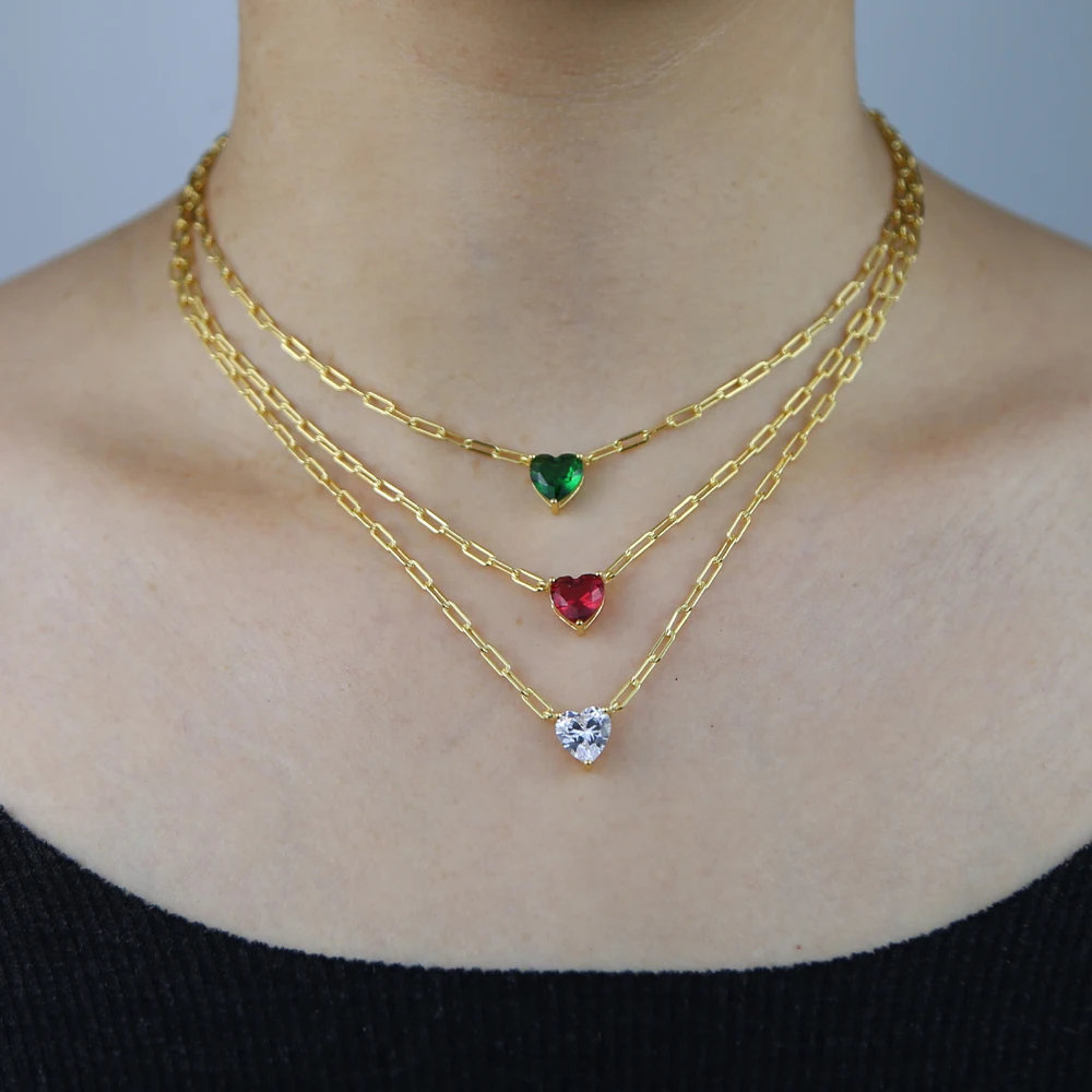 8mm Colorful Heart Shaped 5A Cubic Zirconia Charm Gold Plated 925 Sterling Silver Single Stone Necklaces
