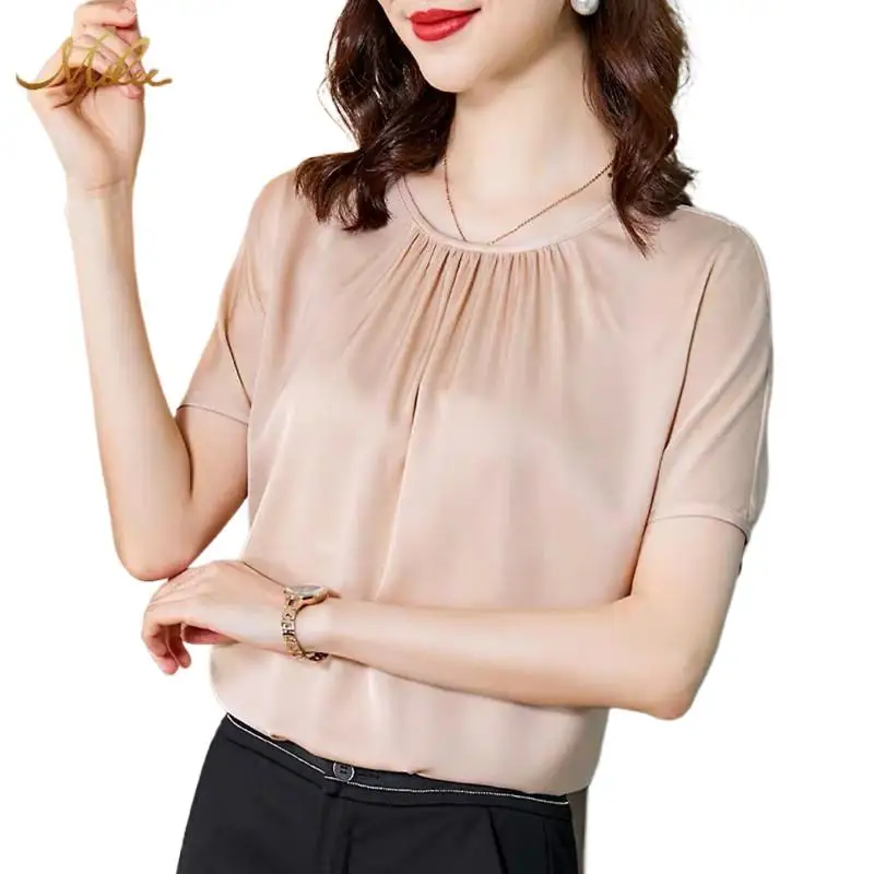 

Женские летние атласные блузки из ацетата с короткими рукавами, топы из искусственного шелка больших размеров, офисные женские шифоновые рубашки, Blsuas Mujer Moda