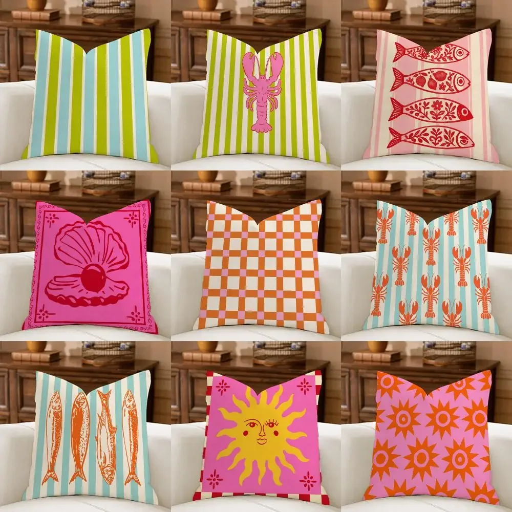 Maximalist Lobster Sun Design Cushion Cover Natural Breathable Durable Linen Printed Decor Pillow Case Sofa Bedroom
