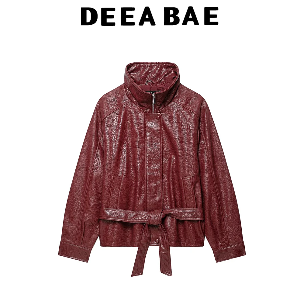 DEEABAE Autumn new retro stand up collar leather jacket with women's straps waist cinching and slimming motorcycle jacket