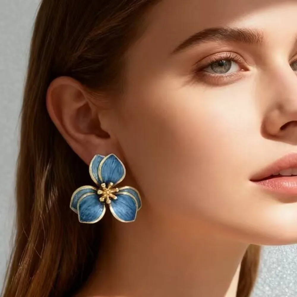 Double Layer Enamel Flower Stud Earrings for Women Gold Tone Multi-Color Petal Inlay Stamen Vintage Elegant Classic Jewelry Gift