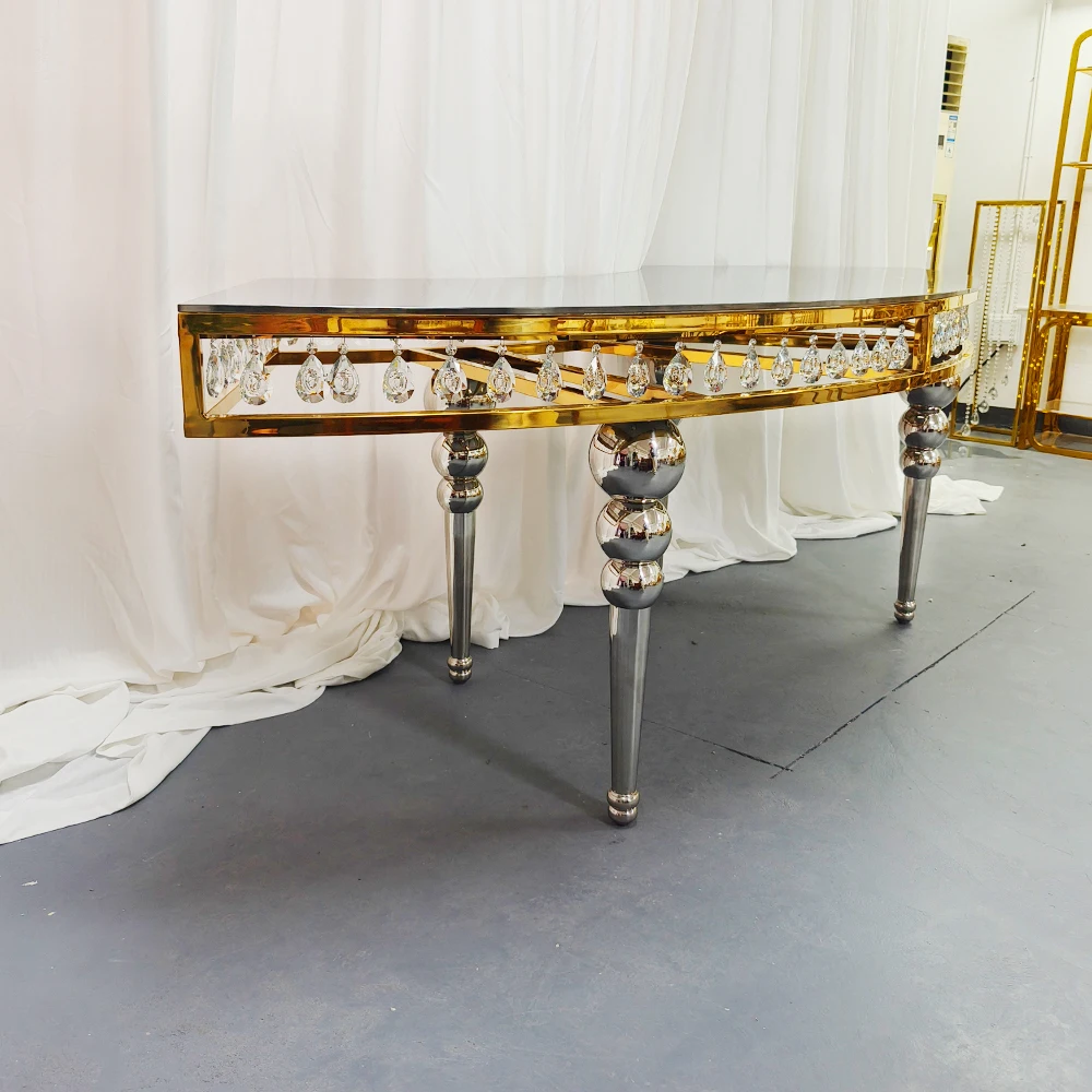 تصميم جديد لحدث الحفلات بإطار من الفولاذ المقاوم للصدأ على شكل نصف قمر طاولة زفاف وكرسي #3