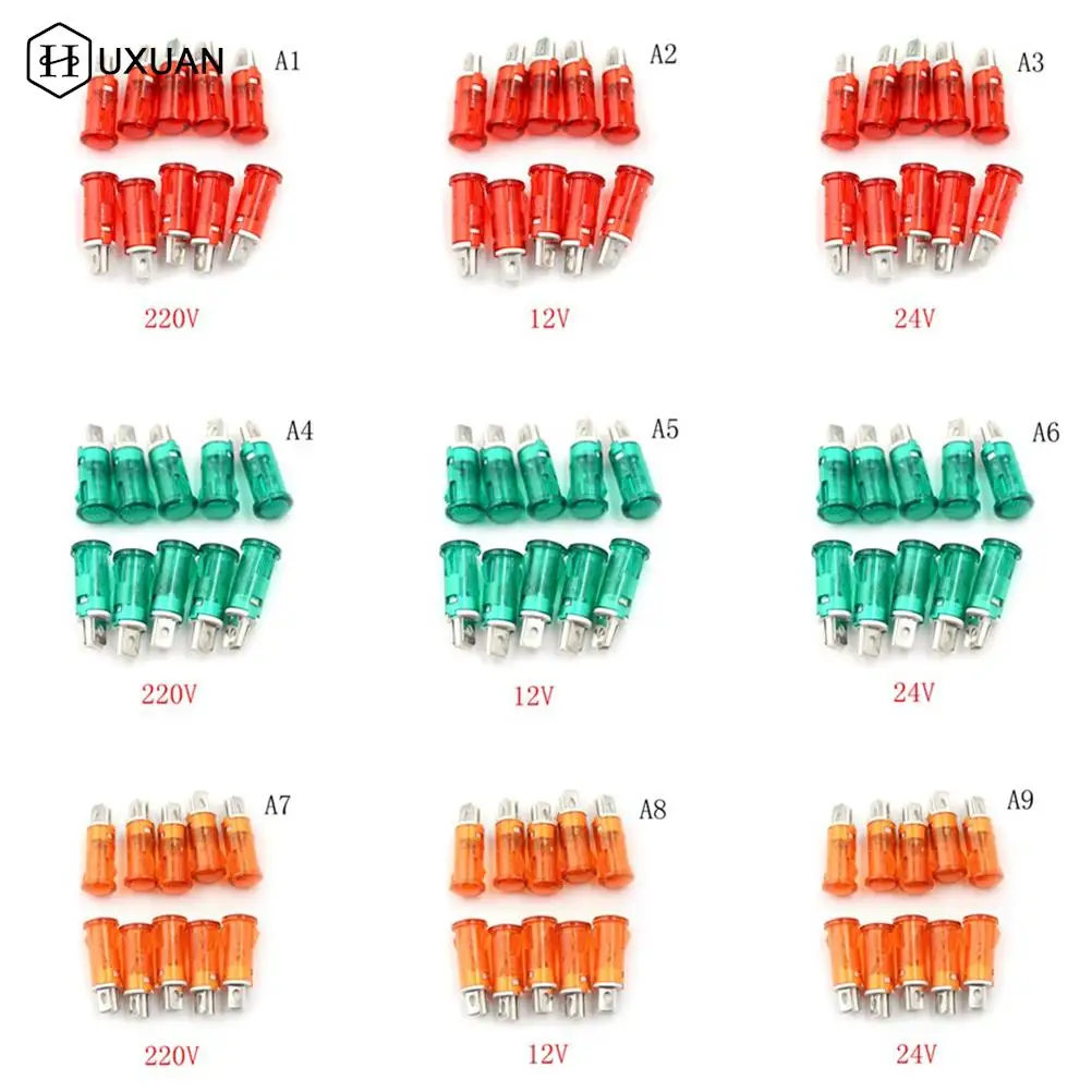 10pcs 10mm Signal Lamp Indicator Light Green Red Orange 12V 24VDC 220VAC Pilot Lamp Warning Light NHC 2 Pin Terminal