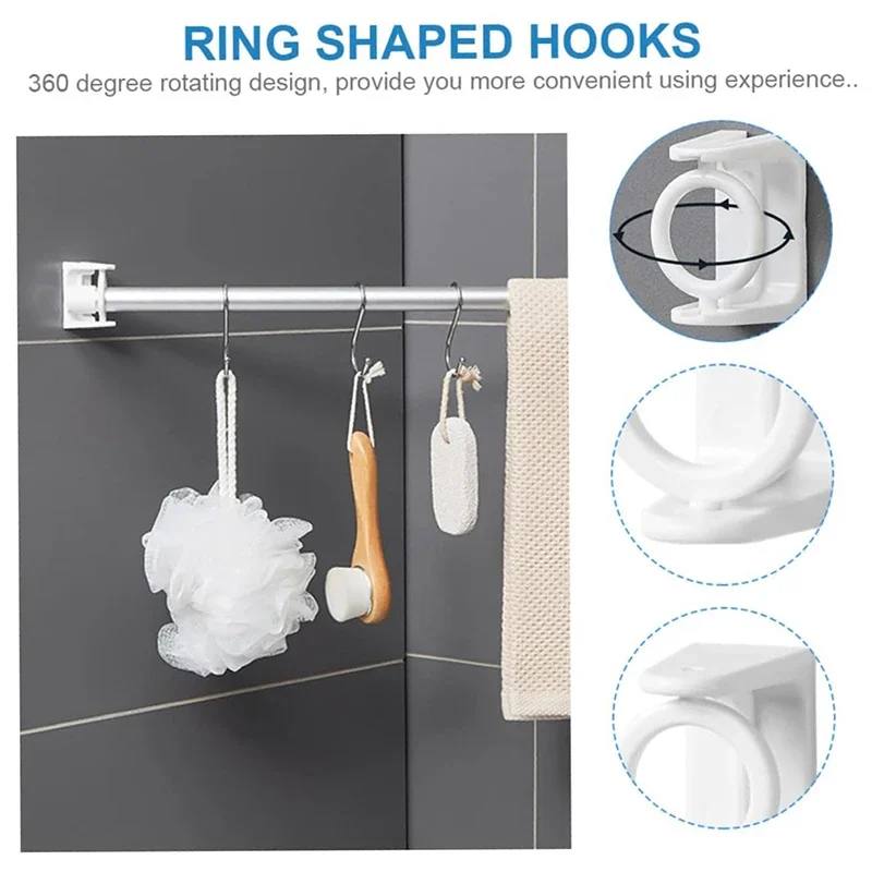 2Pcs 360 Degree Rotation Self-adhesive Curtain Pole Rod Holder Clamp Hooks Punch-Free Adjustable Wall Bracket Triangle Ring Hook