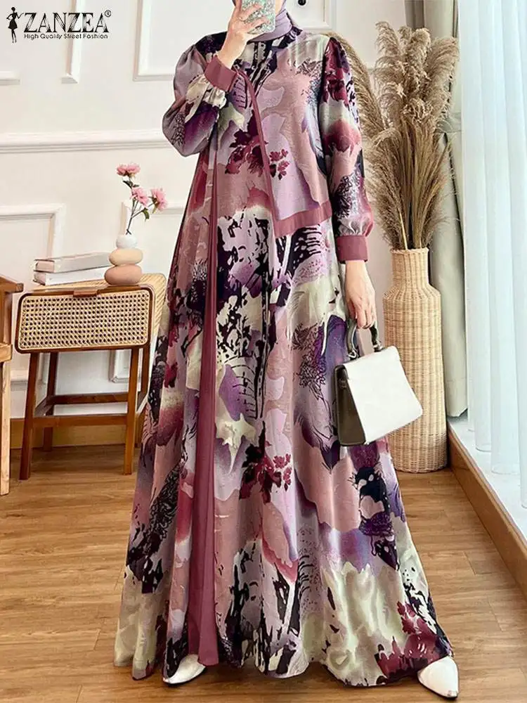 ZANZEA Autumn Women Bohemain Maxi Long Dress Muslim Abaya Fashion Long Sleeve Printed Vestidos Robe Femme Casual Kaftan 2024