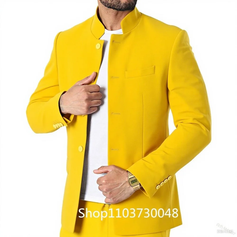 سترة رجالية عالية الجودة بلون سادة وياقة واقفة وزر واحد كاجوال بقصة ضيقة للرجال