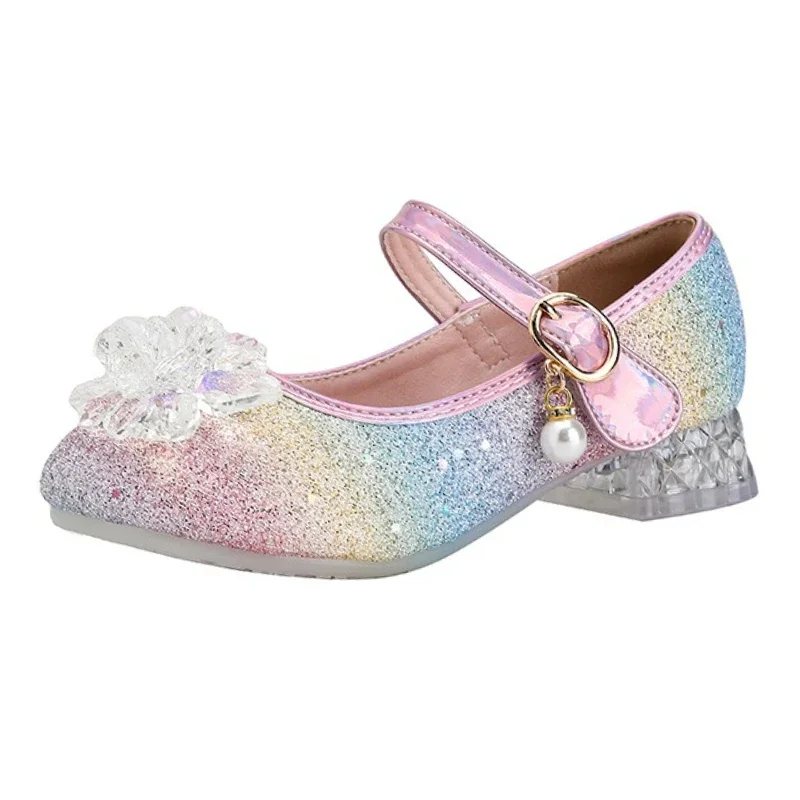 

Spring New Girls' High Heels Fashion Rainbow Crystal Children's Leather Shoes Show Performance Girls' Princess Shoes