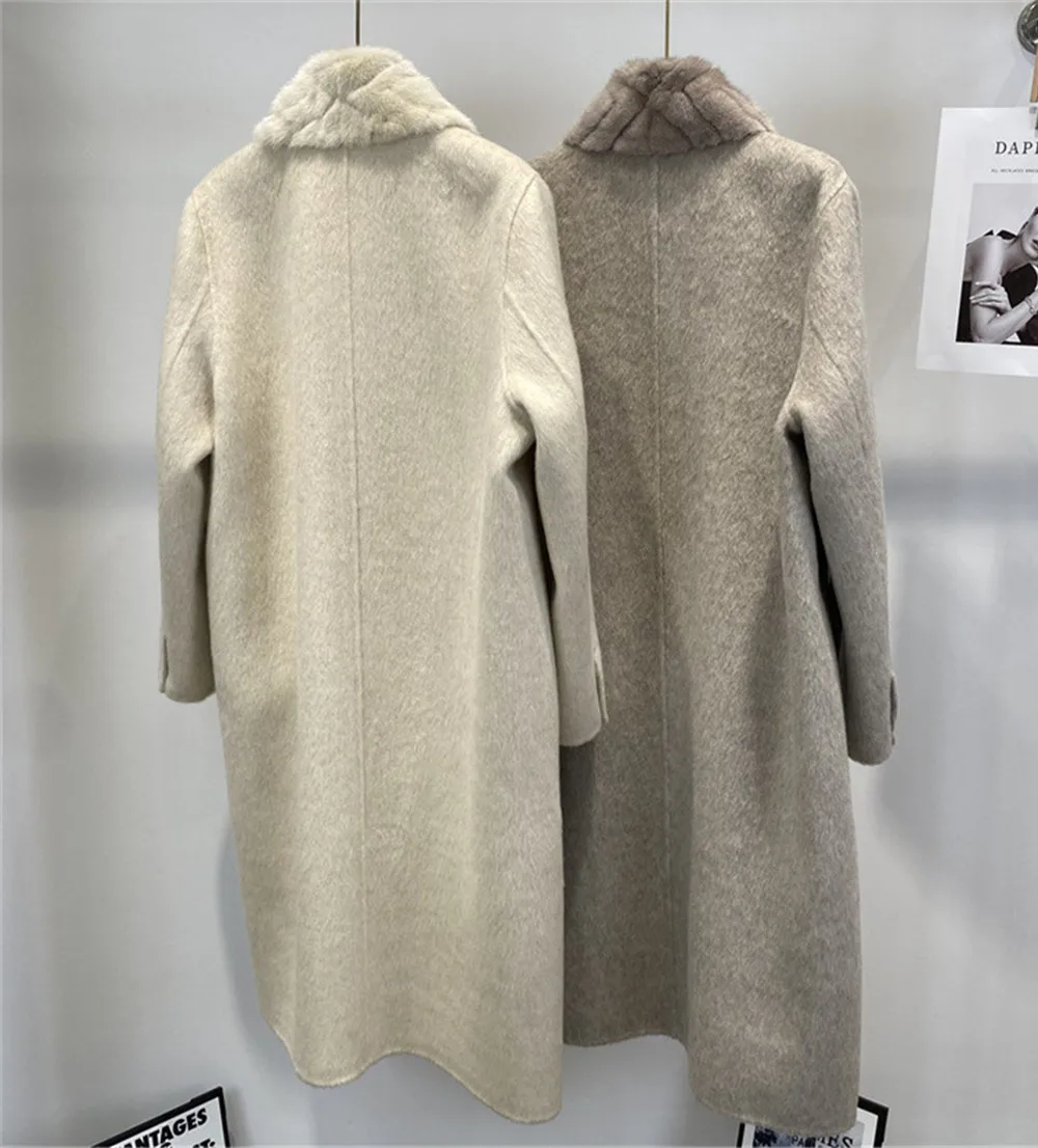 High Quality Mink Fur Collar Double-Sided Cashmere Coat for Female Long Fashion Woolen Outerwear With Belted