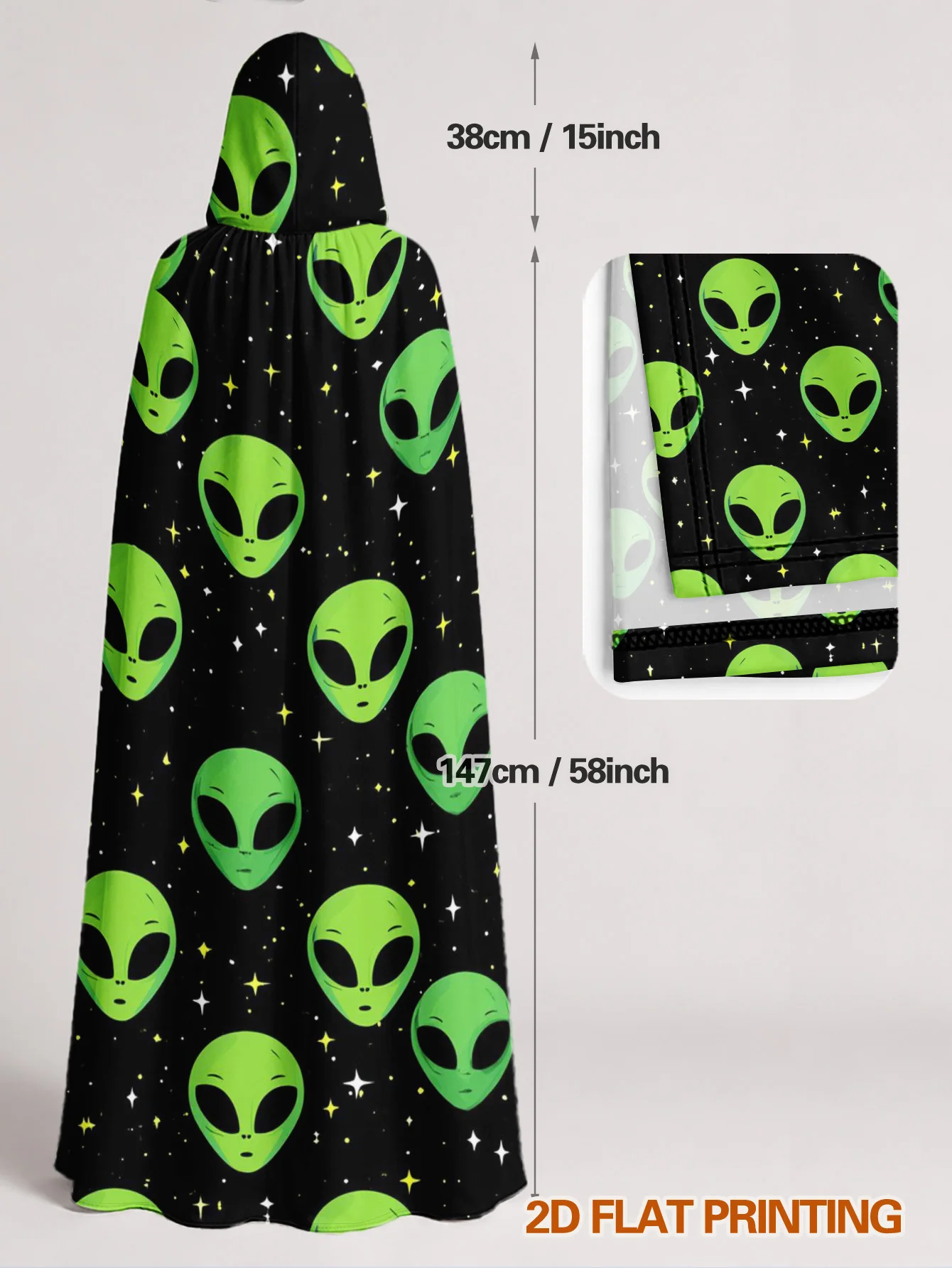 1pc, Adult Hooded Cloak with Green Alien Faces Pattern, Polyester Witch Robe for Halloween Scary Cosplay And Christmas