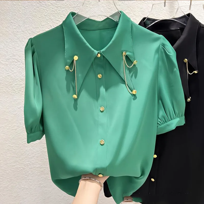 2023 New Summer Temperament Chain Solid Color Turn-down Collar Short Sleeve Blouse Women Clothing Simplicity Buttons Loose Tops