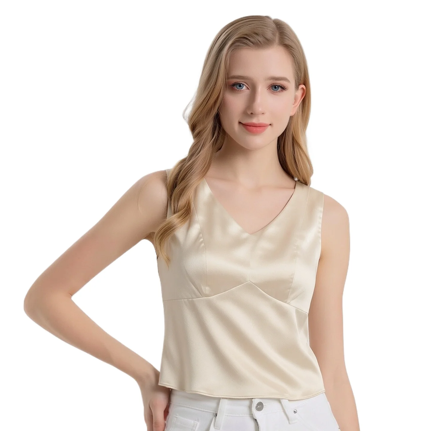New Silk Bra Vest Integrated with Women's Mulberry Silk V Tie Chest Pad Sleeveless Bottoming Shirt Top
