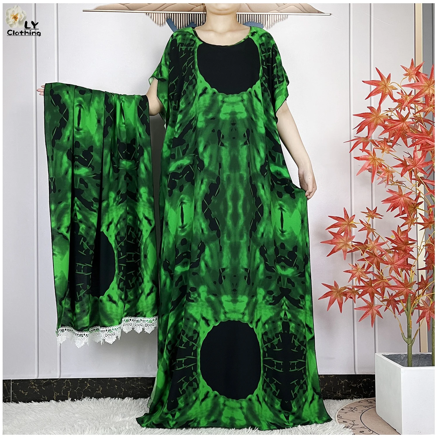 

2024 Dubai Lady Party Casual Dress Big Scarf Short Sleeve Cotton Loose Robe Floral Boubou Maxi Islam African Women Abaya Dress