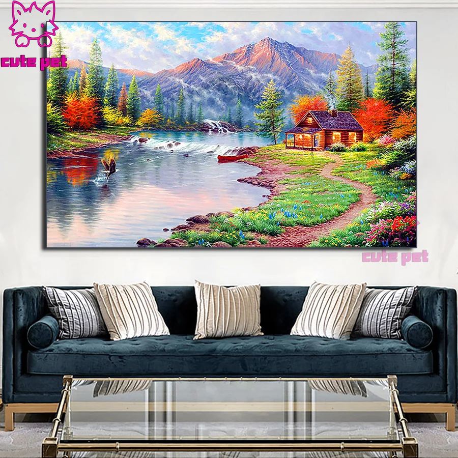 

5D Diamond Painting forest Mountains and Rivers Cabin Rhinestones Diamond Embroidery Full Round Mosaic Stones Craft gift large