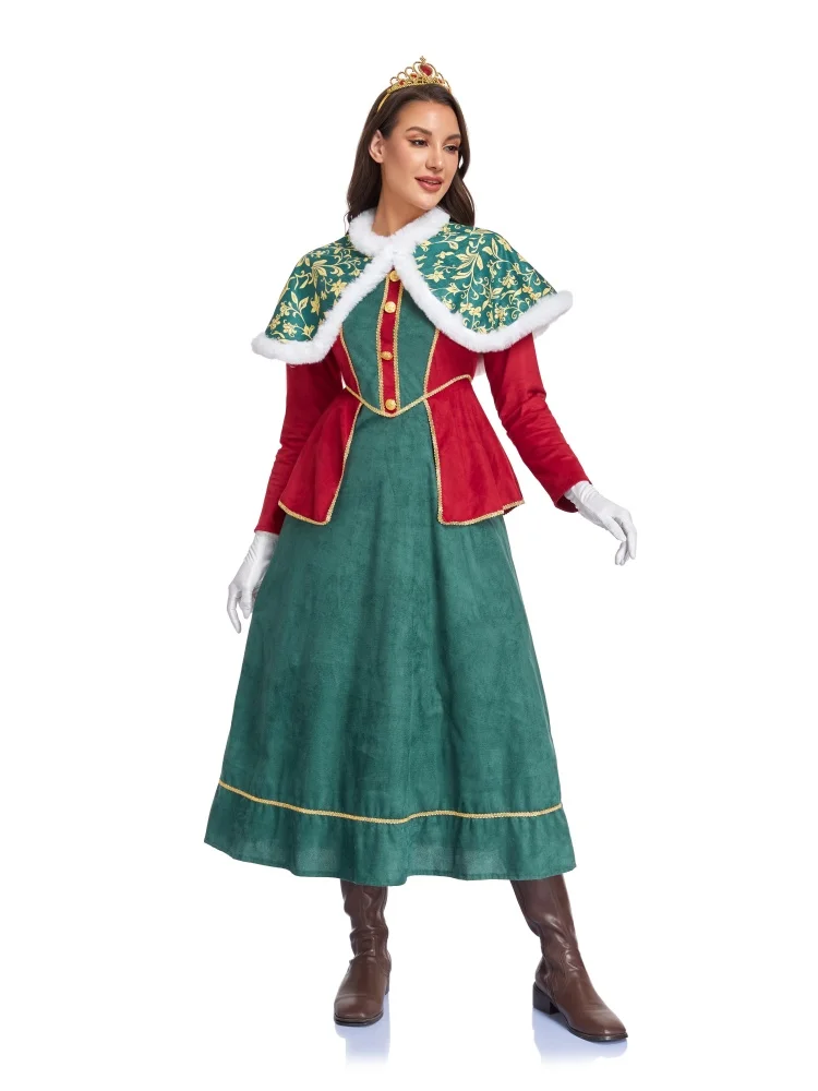 Neues Weihnachtsmann-Neujahrsparty-Kostüm für Damen, Rot-Grünes Kleid mit Umhang, Karnevalskostüm für Bühnenauftritte – Detail 3