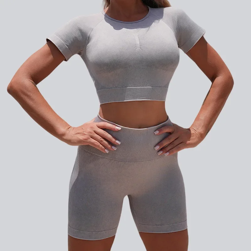 

New Women's Yoga Set Crop Top & High-Waisted Workout Shorts Tummy Control Butt Lifting Gym Running Fitness Outfit