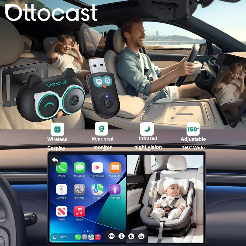 Ottocast Cabin Care Wireless CarPlay Adapter 1080P Car Rear Seat Camera 150° Wide Angle Night For Kids & Pets For Benz Toyota VW
