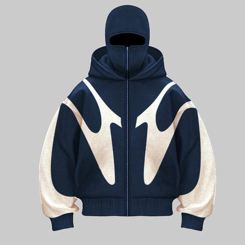 2024 Herbst und Winter neuer gespleißter, kontrastierender Hip-Hop-Hoodie, Doppelhut-Hoodie, warmes und winddichtes Design, Sinn für Y2K-Hoodie-Design