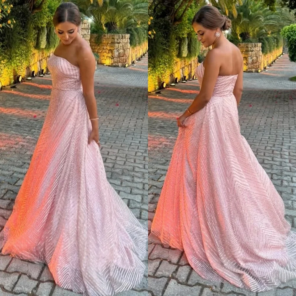 

Customized Exquisite Pink Tulle Evening Dress Luxury Strapless Sleeveless Homecoming Dresses Court Train Vestido De Festa