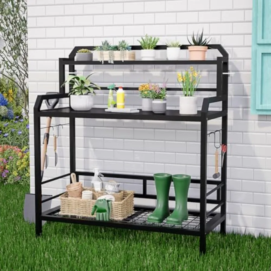 Outdoor Metal Potting Bench Table with Storage, 3-Tier Heavy Duty Garden Workbench, All-Weather Gardening Table with 4 Side Hoo