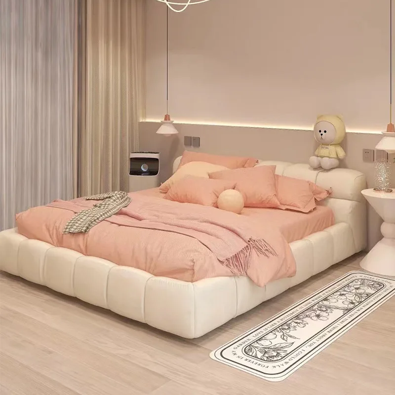 سرير إيطالي بسيط منتفخ لغرفة النوم الرئيسية خفيف فاخر للمشاهير على الإنترنت كريم تكنولوجيا الرياح قماش غير لامع حديث بسيط #4