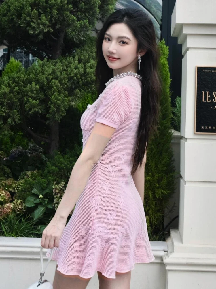 Vestido de Verão de Alta Qualidade em Tricô com Laço de Borboleta Decorativo e Estilo atura de Fraância para Mulheres d...