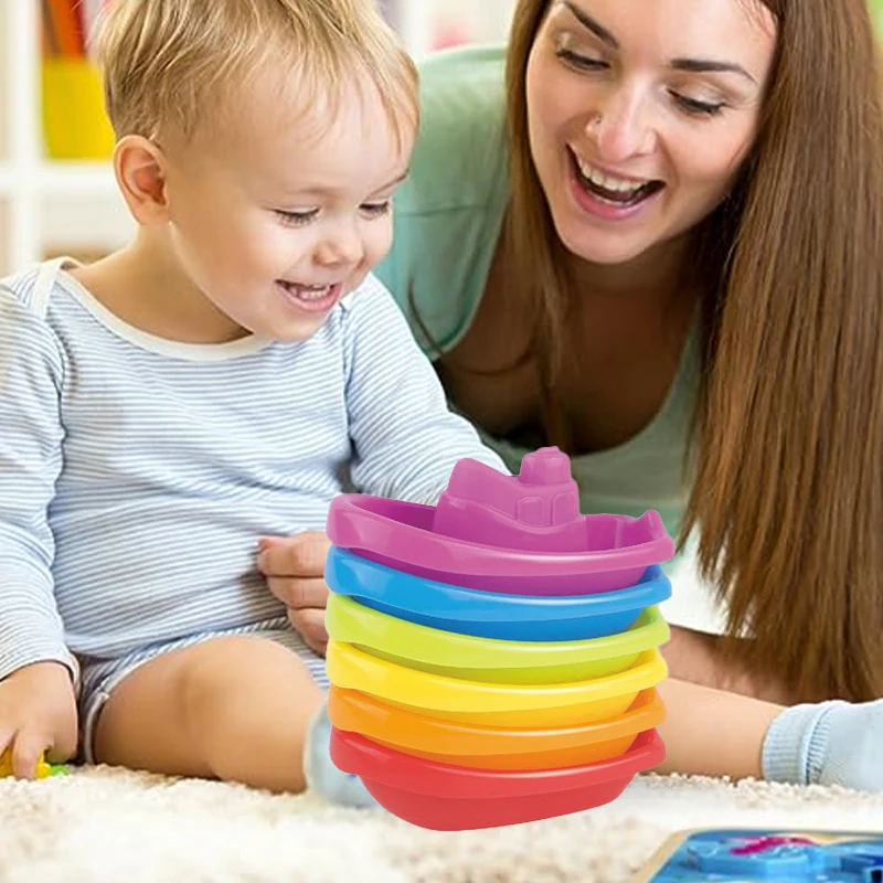 Stacking Cup Bath Toys for Kids Colorful Folding Boat Shape Tower Early Educational Baby Toys Swimming Pool Beach Toys Gifts