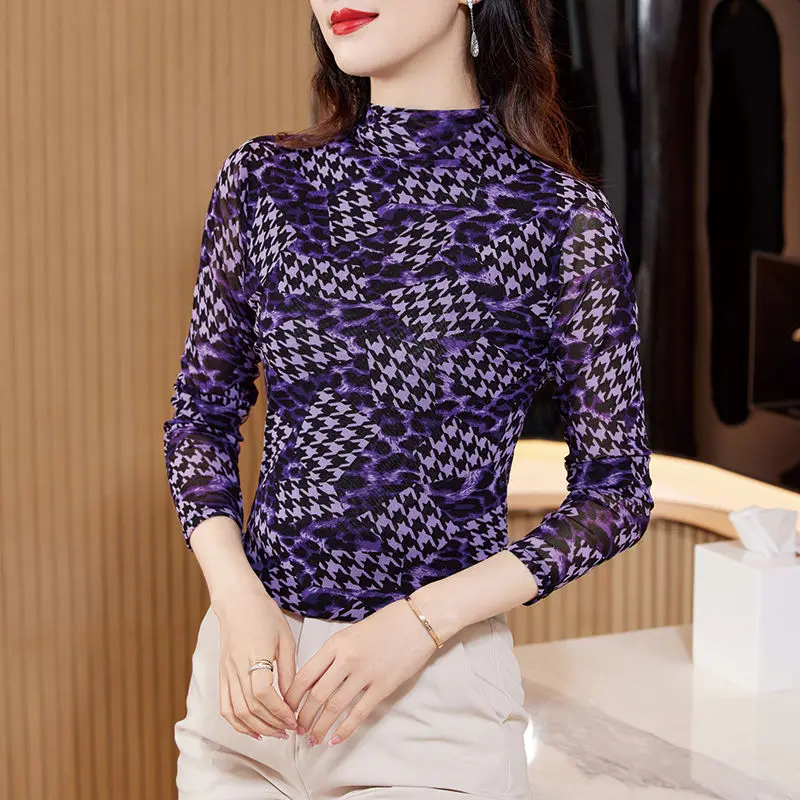 Thick Mesh Top with Noble and Western Style Printed Collar and Fashionable High-end Middle-aged Bottoming Shirt