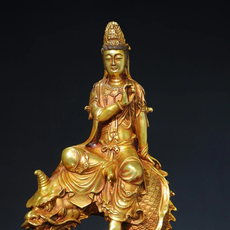 Antique collection pure copper gilt faucet fish free Guanyin Bodhisattva bronze statue Buddha statue home temple hall offering o