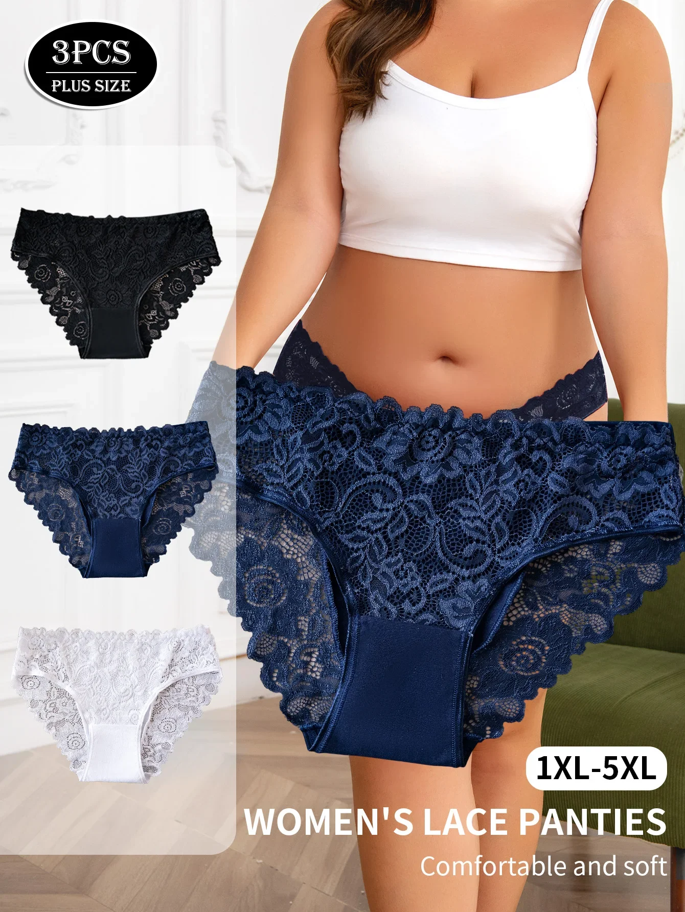 3pcs Plus-Size Women's Underwear Elegant Sexy Hollow Out Floral Lace Panties Solid Color Briefs High Quality Lingerie Hot Sales