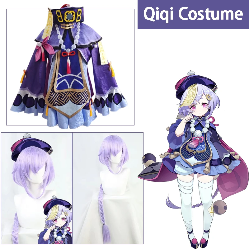 Anime Genshin Impact Qiqi Cosplay Costume Cute Zombie Girl Dress Full Uniform Wig Halloween Party Clothes