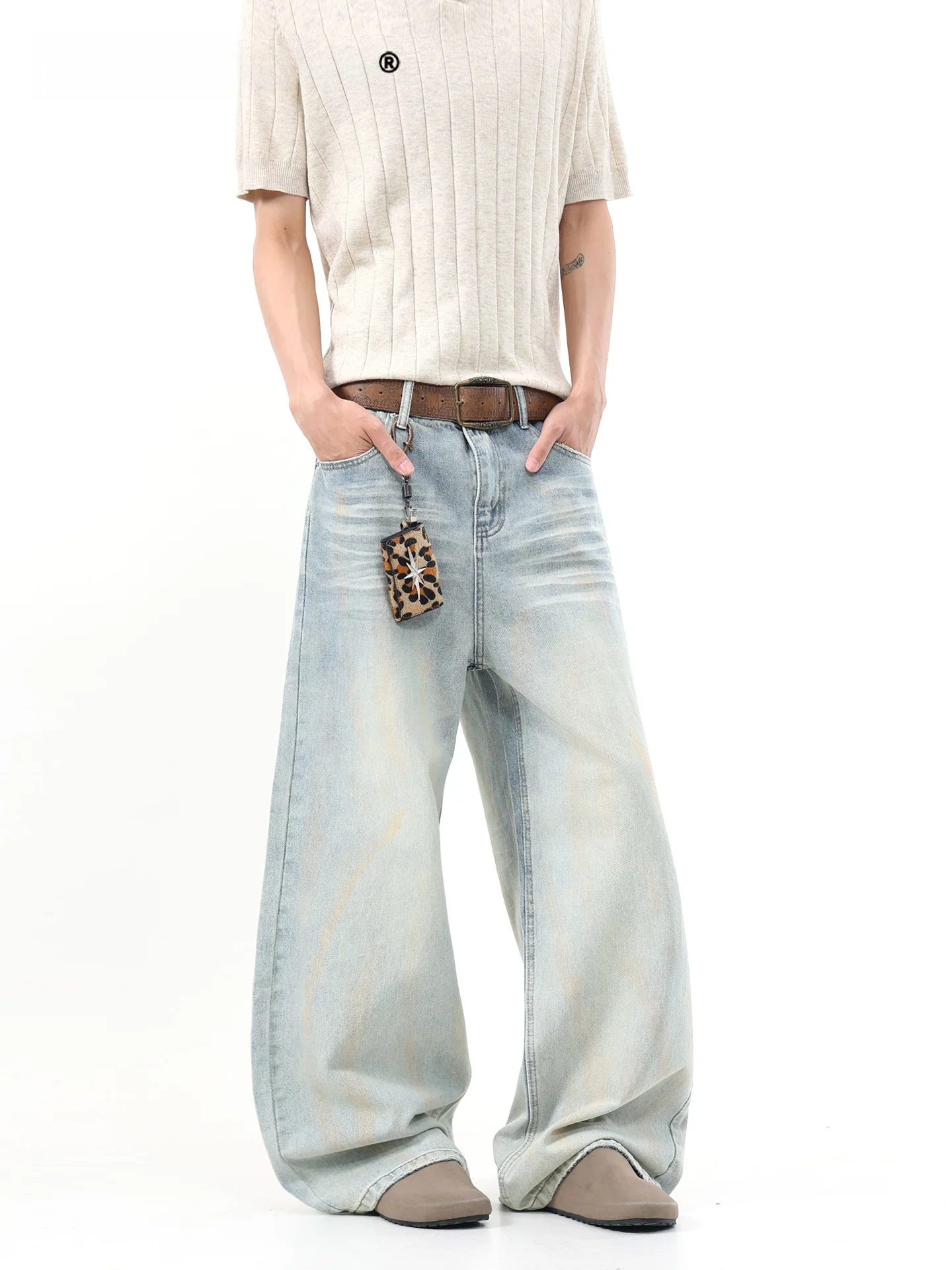 SDMADE American Style Cleanfit Men's Loose Wide Leg Jeans Cream Blue Long Pants Wear Resistant Summer Cotton Blend Denim