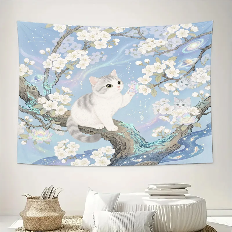 Whimsical Cat Blossom Galaxy Curtains Light Filtering Window Panels Semi-Sheer Spring Floral Drapery Home Decor Nursery Cottagec