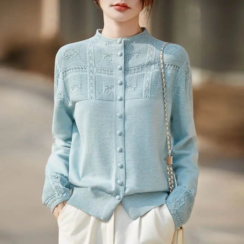 High-end Hollow Crocheted Half-high-neck Knitted Cardigan Women's Coat Sweater Long Sleeve Casual All-match Sweaters Female Top