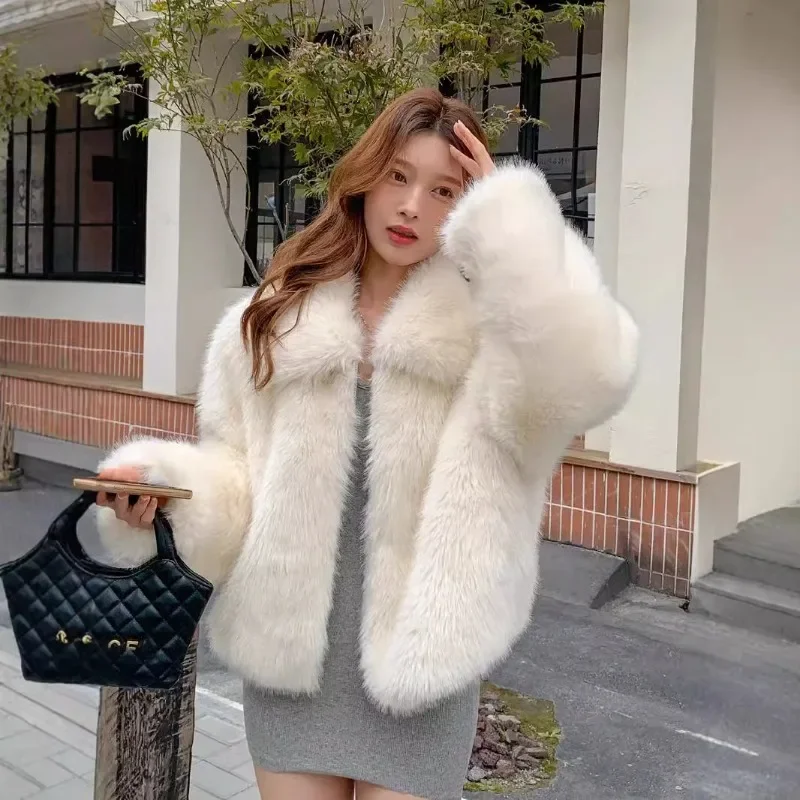 The Women's Fur Coat The Fluffy Clothes Are Elegant. New Korean Style of Off-white Fox Fur Faux Fur Is Popular in Autumn Winter.