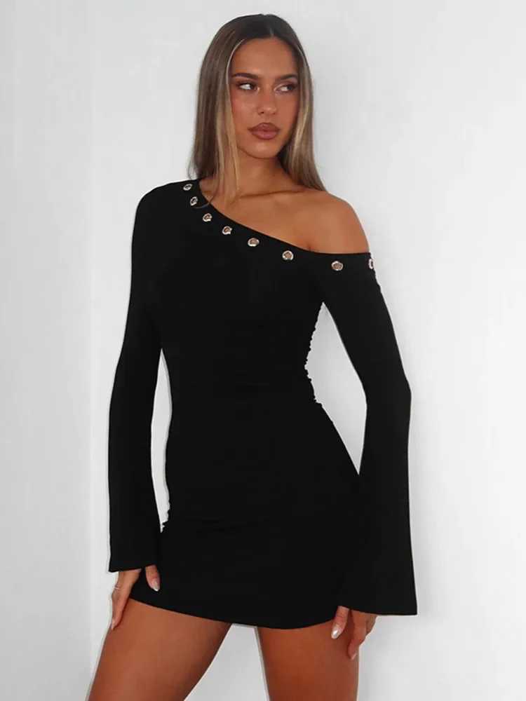 

Inclined Shoulder Long Sleeve Sexy Mini Dress Women Fashion Hollow Out One Shoulder Backless Club Party Dress Female
