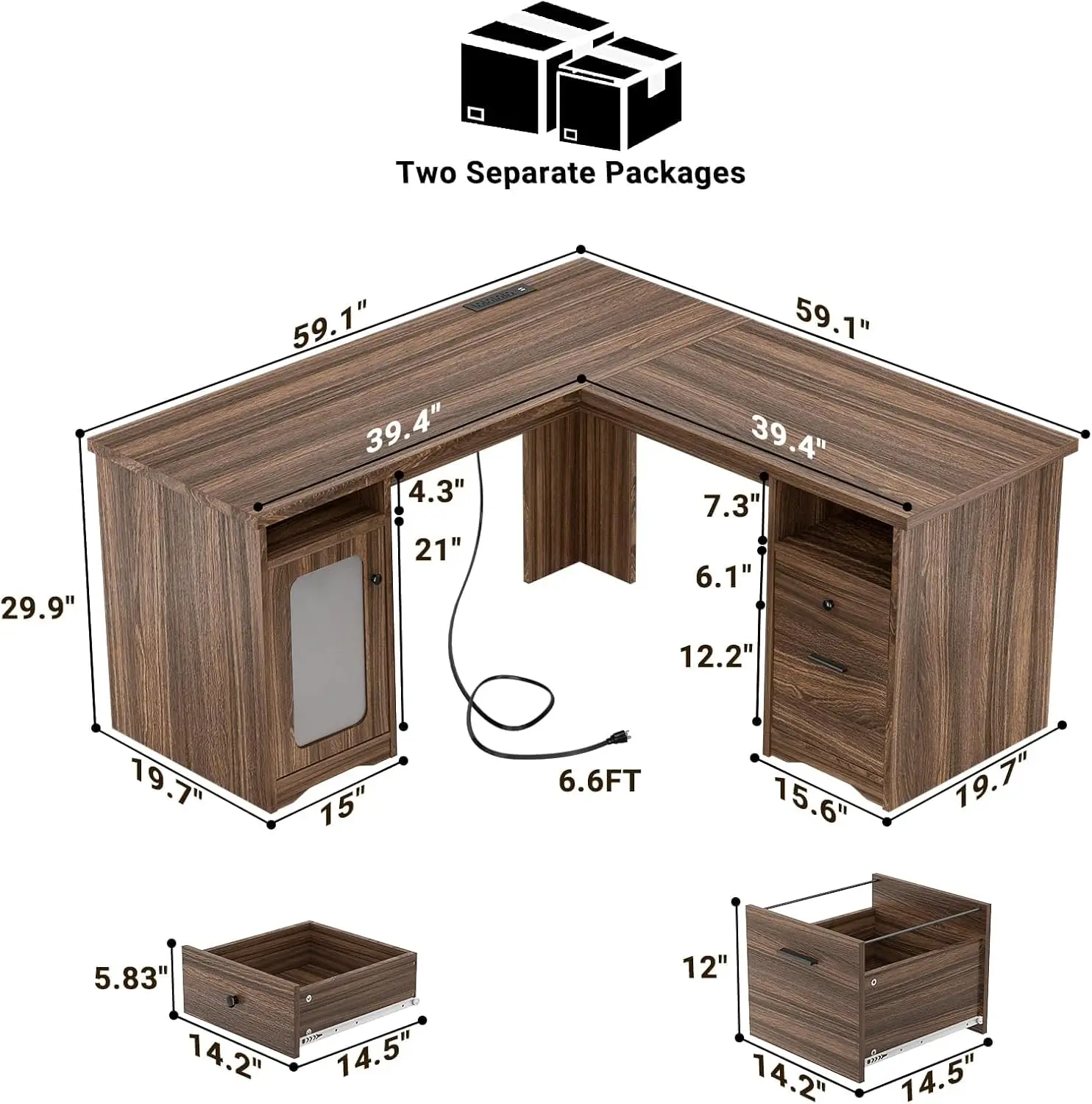 Bureau en forme de L avec classeur, grand bureau de bureau de 60 pouces avec prises de courant et ports de chargement USB