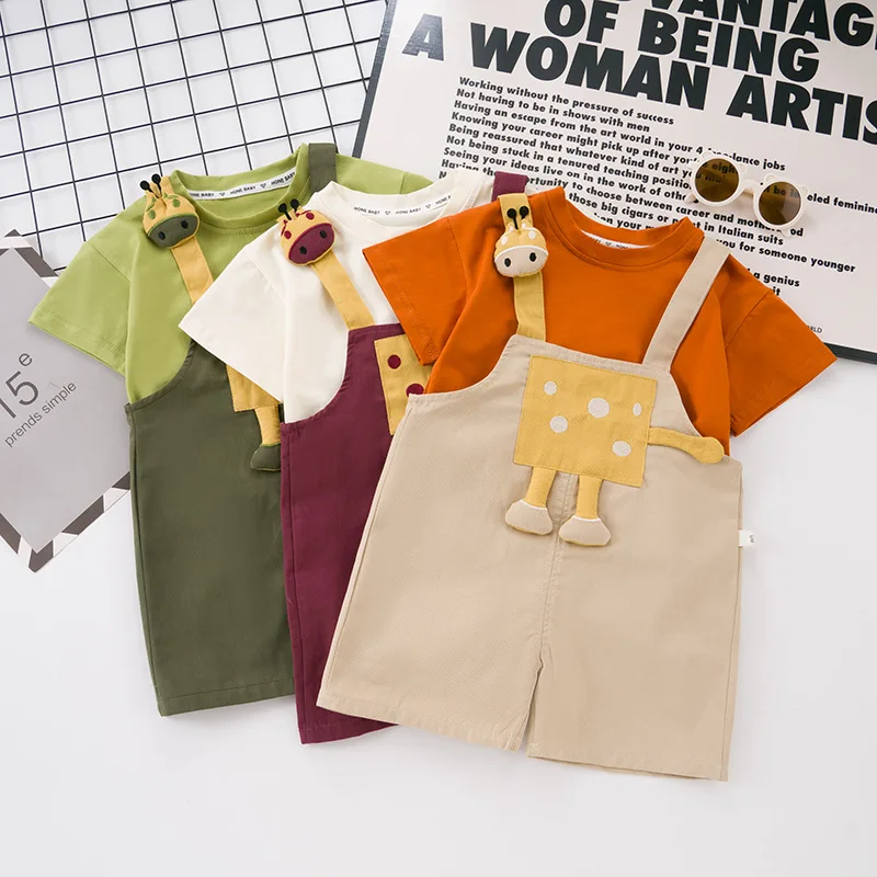 

2025 New Summer Children's Loose Solid Color Cotton Short Sleeves and Cute Animal Pattern Shorts Two Piece Set