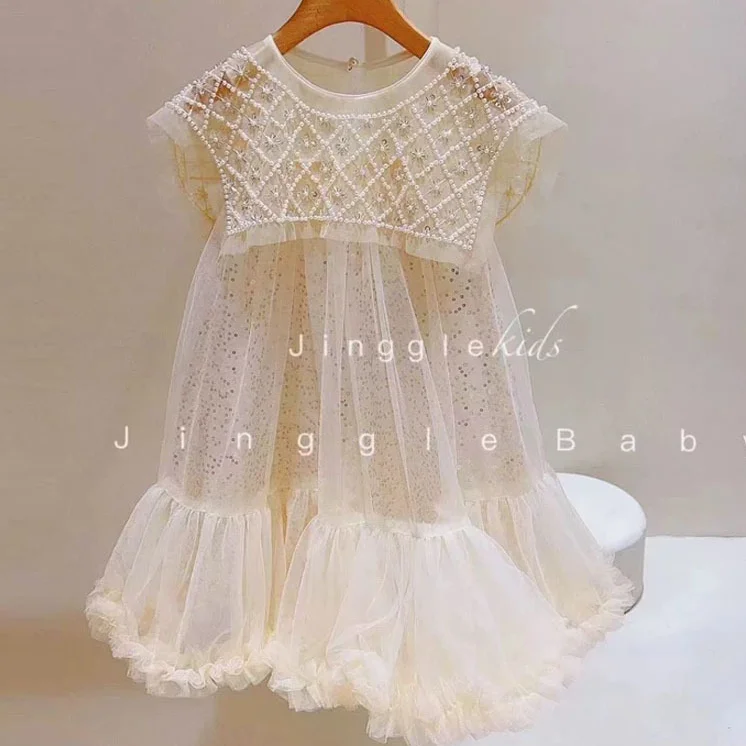 Spring Summer Girls Prin Cess Dress Casual New Children's Wear Korean Pearl Neck Princess Fashion Yarn Elegant Girl Party Dress