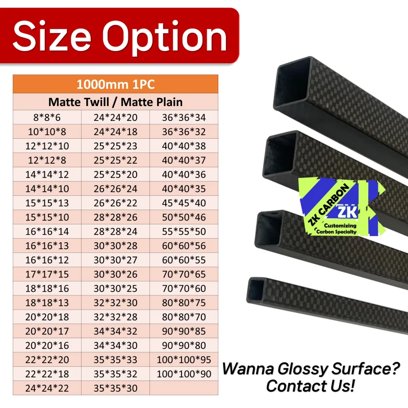 1pc/lot 1000mm Carbon Fiber Square Tube for RC Airplanes OD 30mm 35mm 40mm 45mm 55mm 60mm 70mm 80mm 100mm Matte 3K Weave Twill