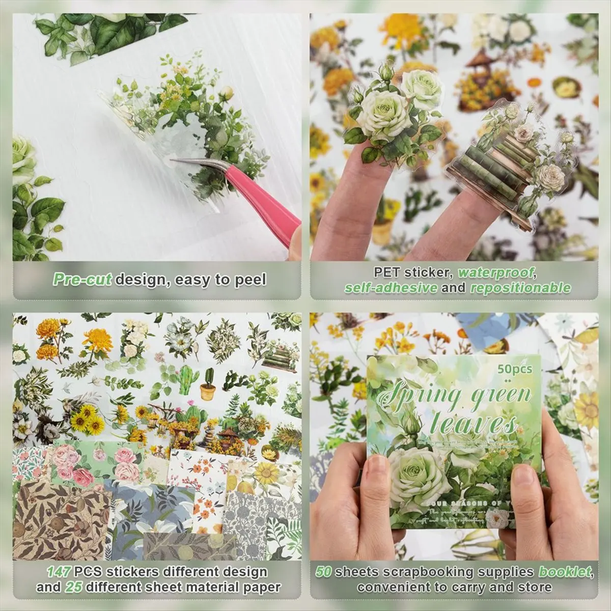 ABNQ Flower Sticker, Scrapbooking Supplies for Adult Junk Journal 50 Sheets, Transparent Stickers and Material Paper Green