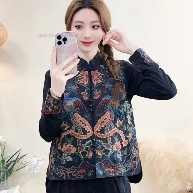 

2025 national phoenix embroidery satin jacquard folk vest stand collar vintage vest ethnic sleeveless jacket retro hanfu tops
