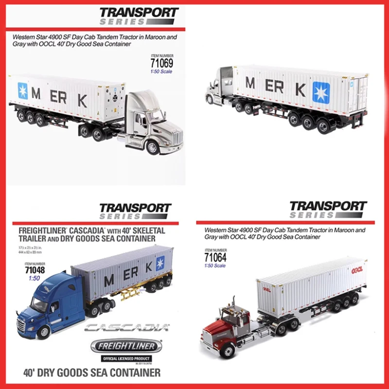 

DM Alloy 1:50 CASCADIA Cab Tandem Tractor With 40 Dry Good Sea Container Skeleton Trailer Model 71048/71064/71069 for Display