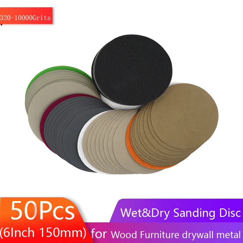 6inch Sanding discs 150mm Waterproof Sandpaper Hook & Loop Sand paper 320-10000 grit Assorted for Wet/Dry Polishing 50pcs