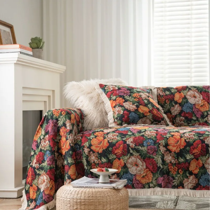Sofa Towel Prevent Cat Scratching Jacquard Flower Bird Green Retro Festive Thick Sofa Cover Blanket