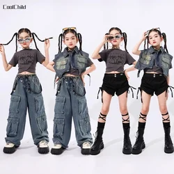 Hip Hop Girls Retro T-shirt Denim Vest Jeans Cargo Pants Children Street Dance Shorts Clothes Set Kids Streetwear K-pop Costumes