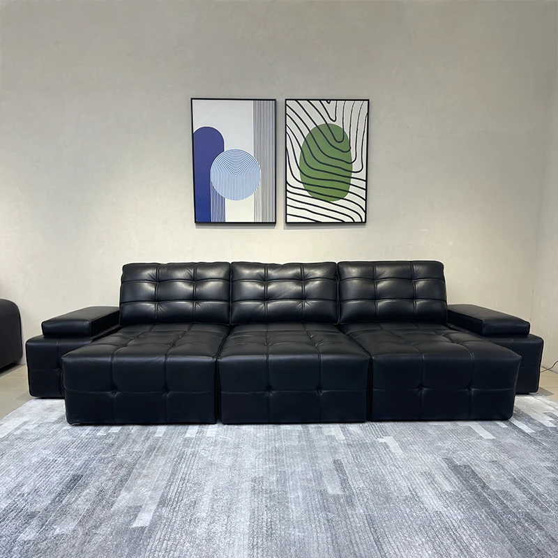 المنزل الذكي الحديث الكهربائية السوداء للتمديد أريكة سرير طقم أريكة جلدية عالية الظهر كبير يجلس وظيفة عميقة أريكة قابلة للسحب #5